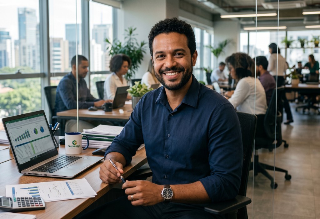 Marcos Almeida em seu escritório em São Paulo, com laptop e relatórios financeiros sobre a mesa