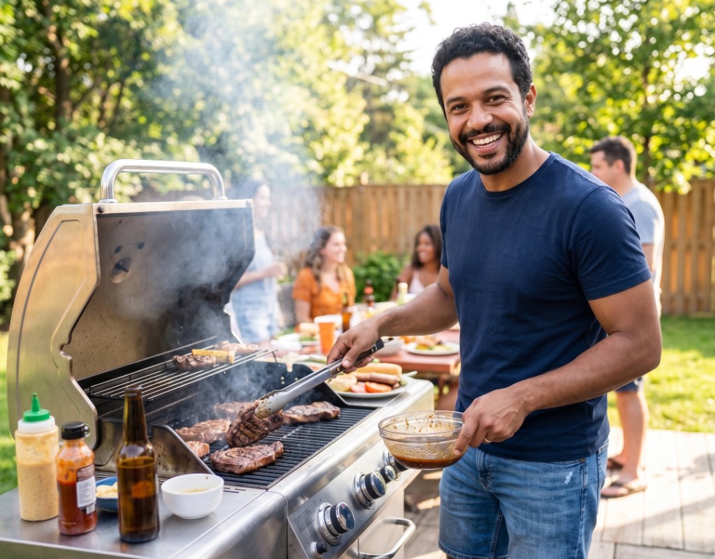 Marcos Almeida sorrindo no churrasco de fim de semana com amigos no quintal